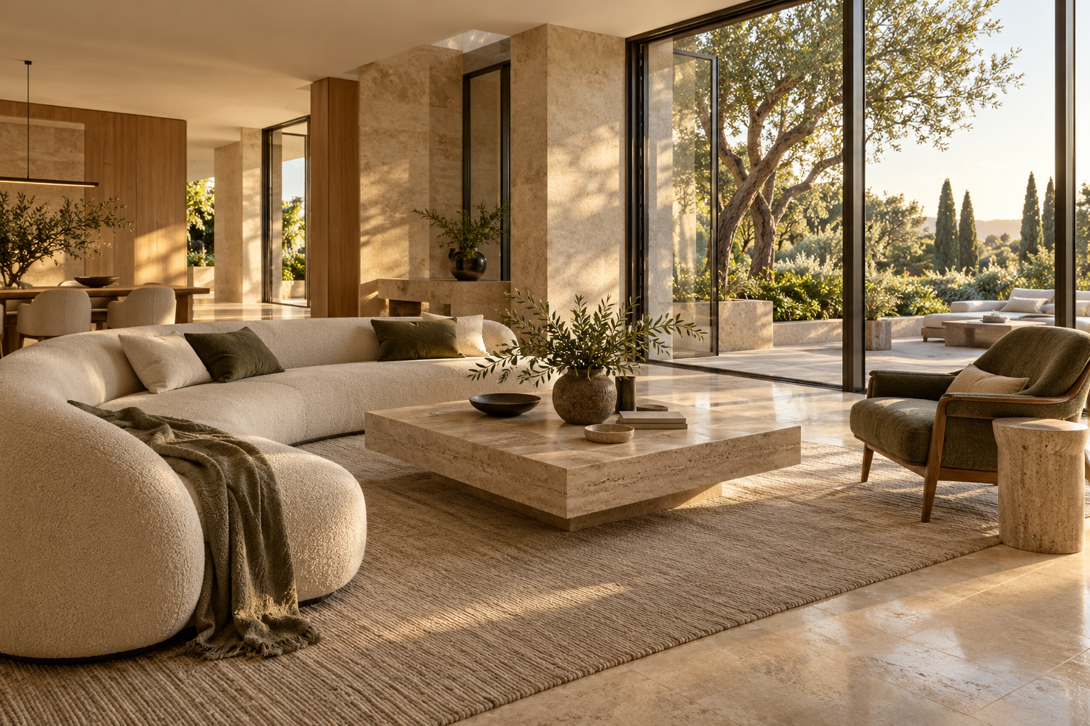 Intérieur contemporain aux matériaux naturels, visuel d’ambiance